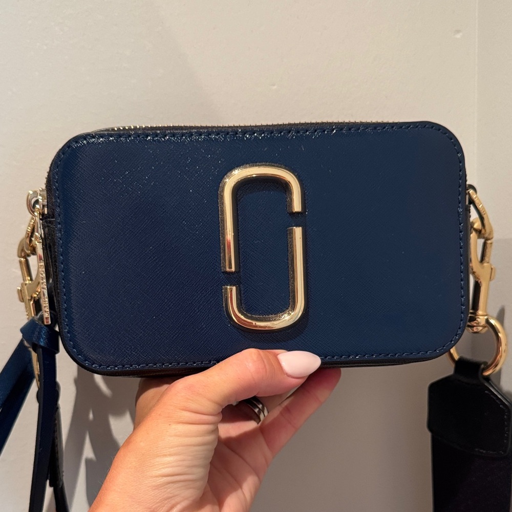 Marc Jacobs Snap Shot Blue Crossbody Bag with Gold Accents